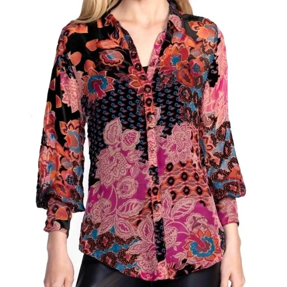 NEW Johnny Was Yrene Burnout Blouse Alvarado w/ Tank Top Velvet Silk Black Sz S - Picture 3 of 16